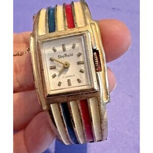 Sheffield Watch Bangle Red White Blue Untested As Is 1980s 17 Jewels Vintage